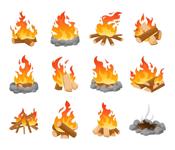 Un feu de joie. Cartoon cheminée extérieure avec des grumes brûlantes, feu de camp flamboyant de branches de bois et de charbons, feu éteint avec de la fumée, bois de chauffage d'automne confortable. Ensemble isolé vectoriel — Image vectorielle