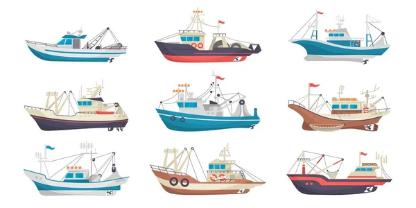 Barco de pesca. Dibujos animados marino pescador barco de mar. Arrastrero para el transporte de mariscos. Pesca tradicional lancha. Transporte de agua para la captura de peces. Vector náutico botes de motor conjunto — Vector de stock