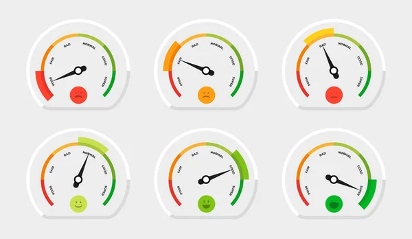 Compteur d'évaluation UI. Compteur de vitesse et tachymètre diagramme de jauge avec flèche. Modèle d'appareil de mesure de l'humeur. Tableau de progression. Enquête auprès des clients. Panneaux à cadran vectoriel sertis de visages heureux ou en colère — Image vectorielle