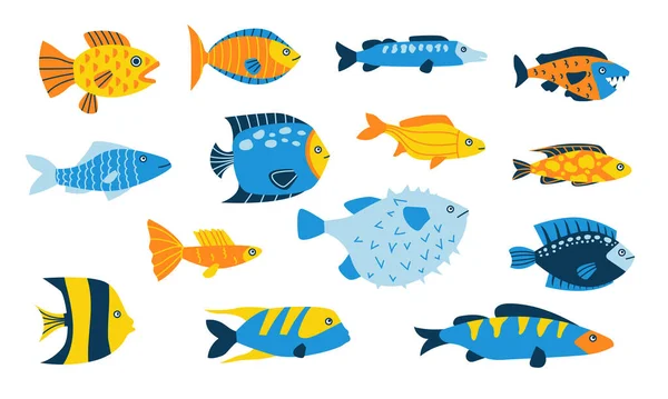 Ζωγραφίζει ψάρια. Καλοκαιρινά αφηρημένα μινιμαλιστικά υδρόβια ζώα με απλό διακοσμητικό μοτίβο, χαρούμενους χαρακτήρες ψαριών. Μπλε και κίτρινη υποθαλάσσια πανίδα. Απομονωμένο σύνολο κινούμενων σχεδίων διάνυσμα — Διανυσματικό Αρχείο
