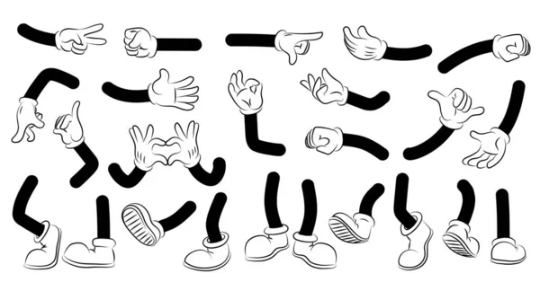 Cartoon armen en benen. Doodle menselijke lichaamsdelen. Karakter handen en voeten in witte handschoenen en laarzen. Ledematen clipart uitdrukkingen of gebaren collectie. Vector pols en zool paren set — Stockvector