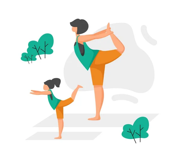 Mama i córka ćwiczą jogę w parku. Kobieta i dziewczyna trenują razem na świeżym powietrzu. Rodzic z dzieckiem stojący w Asanie. Rodzina ćwiczy ćwiczenia rozciągające równowagę. Trening wektorowy — Wektor stockowy