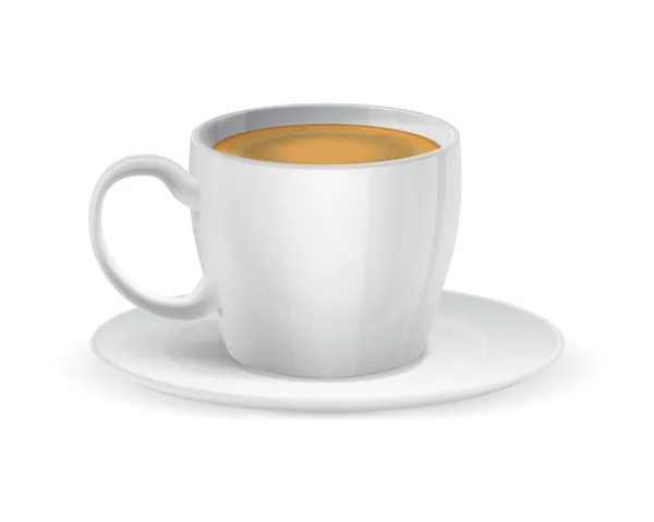 Реалистичная чашка белого кофе с эспрессо. Кружка на тарелке вид сбоку, керамическая посуда для горячих напитков, вкусный капучино, ресторан изолированный элемент меню, вектор 3d объект — стоковый вектор