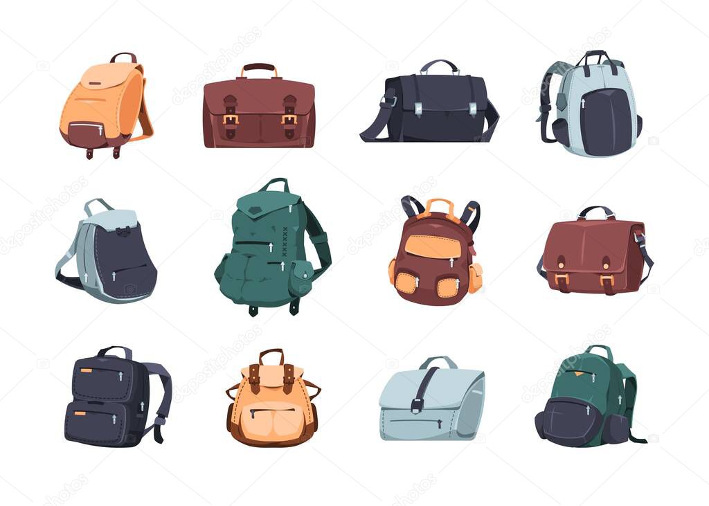 Cartoon backpack. School bags, camera bag and rucksack for laptop, travel and camping leisure backpack, journey textile and leather luggage. Trip baggage isolated objects, vector set