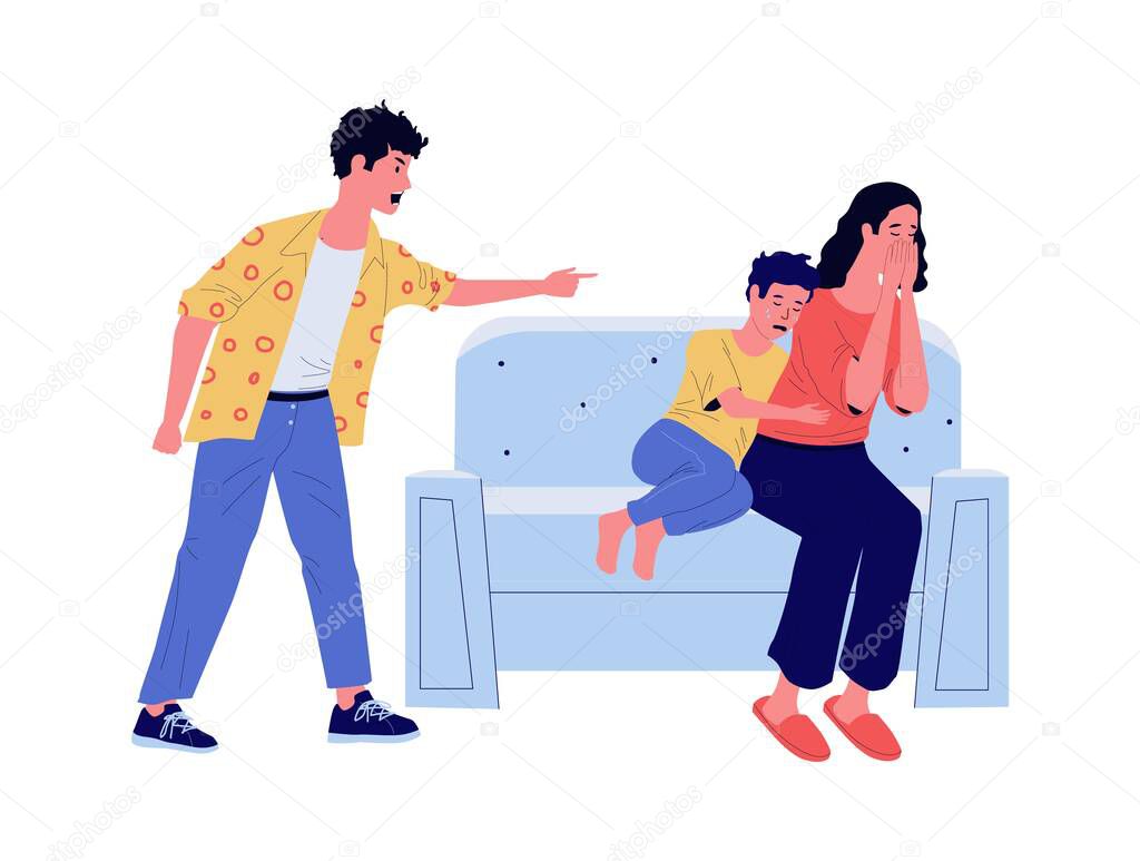 Father yelling at mother with child. Family conflict. Crying woman and boy sit on sofa. Screaming man. Domestic violence. Husband abusive speaks to wife and son. Vector parents quarrelling