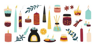 Sıcak mumlar. Kavanozlarda mum ışığı var. Romantik bir akşam için tarçınlı şamdanlar, spa ve rahatlama. Aroma lambaları ve kokulu bitkiler. Vektör iç ögeleri ayarlandı