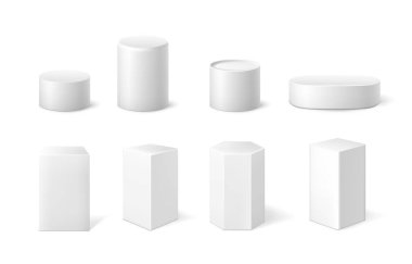 Gerçekçi podyum. Ürün platformu için 3D sütun geometrik şekiller. Boş beyaz silindir küp ve müze sergisi için altıgen kaide. Vektör showroom izole blok şablonları ayarlandı