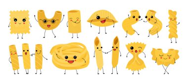 Makarna karakterleri. Tatlı İtalyan buğday yiyeceği. Elleri bacakları ve kawaii yüzlü makarna çizgi filmi. Geleneksel fusilli ya da spagetti. Menü dekoratif elementleri. Vektör yemek kümesi