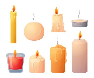Çizgi film mumları. Doğum günü pastası süslemesi. Mum ışığının ışıklı fitili. Romantik yıldönümü ve Noel kutlaması şamdanları tutuşturdu. Vektör yakma şenliği ögeleri ayarlandı