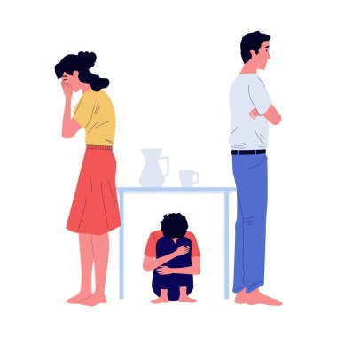 Anne ve baba tartıştı. Alıngan çocuk masanın altında. Aile çatışması. Mutsuz insanlar birbirlerini ihmal ederler. İnsanlar oğlanla tartışır. Anlaşmazlık ya da boşanma. Vektör krizi ilişkisi