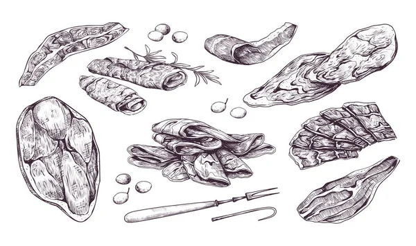 Käsin piirretty prosciutto. Espanjalaisia jamonisiivuja. Italialaista parmankinkkua ja pekonia. Sianlihaa ja oliivia. Kaiverrus luonnoksia. Gourmet-lihankeräys. Vektoriravintolan alkuruokasetti — vektorikuva