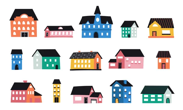 Cute abstract houses set. Funny flat doodle city and town buildings with tiny roofs, cottage facades with windows and small brick elements. Vector hand drawn cozy modern collection — Stock Vector