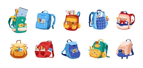 School bags. Cartoon backpack with education supplies and stationery. Notebook ruler equipment in satchel. Rucksacks collection. Students or pupils knapsacks. Vector schoolbags set