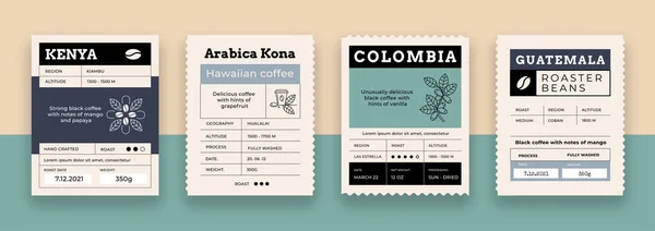 Koffielabel. Etikettenmodel voor voedselpakketten met minimalistische rasterindeling. Biologische Arabica espresso sticker met plaats voor tekst. Cafeïne geroosterde bonen verpakking. Vector vintage merk tag set — Stockvector