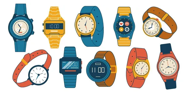 Montre-bracelet pour hommes et femmes. Montres analogiques et numériques Doodle. Des smartwatches isolées avec des sangles colorées. Mode mesure du temps collection d'accessoires. Horloges à main. Ensemble de montres vectorielles — Image vectorielle