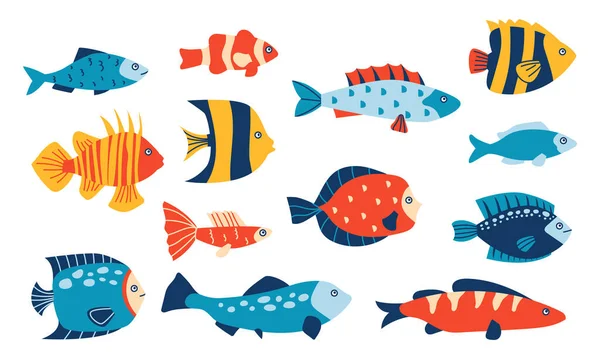Soyut deniz balığı. Minimalist desenli çeşitli tropikal deniz ve okyanus balıkları, farklı çocukların deniz kolleksiyonu, resimli resimler. Vektör karikatür sualtı faunası izole edildi — Stok Vektör