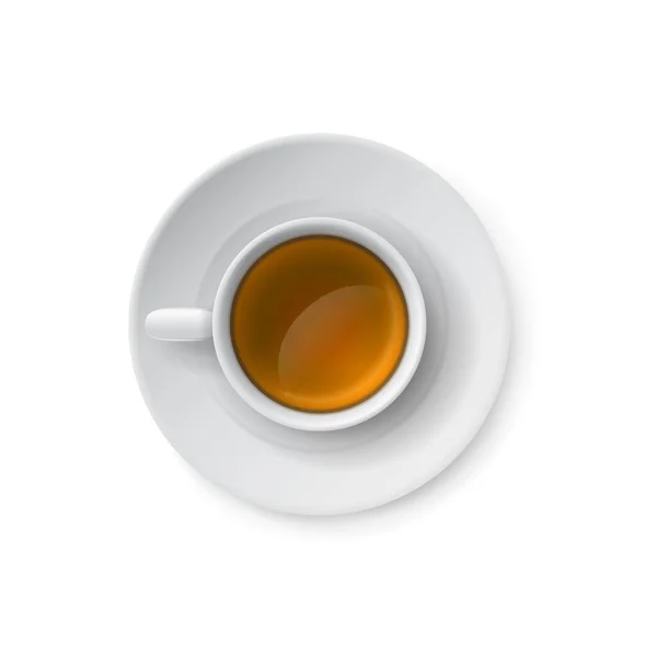 Ρεαλιστικό φλιτζάνι με τσάι. Ζεστό ποτό. Κάτοψη της πλήρους λευκής κεραμικής κούπας με πιατάκι. Πορσελάνη πρότυπο σκεύος. Απομονωμένο φλιτζάνι τσαγιού. Πρωί Ceylon φυσικό ποτό. Στοιχείο μενού Vector cafe — Διανυσματικό Αρχείο