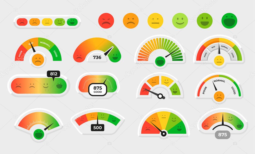 Customer satisfaction meter. Stress level gauge graph. Progress chart with smile faces. Emotion rate measuring interface. Feedback or survey. Feeling indication. Vector dial diagrams set