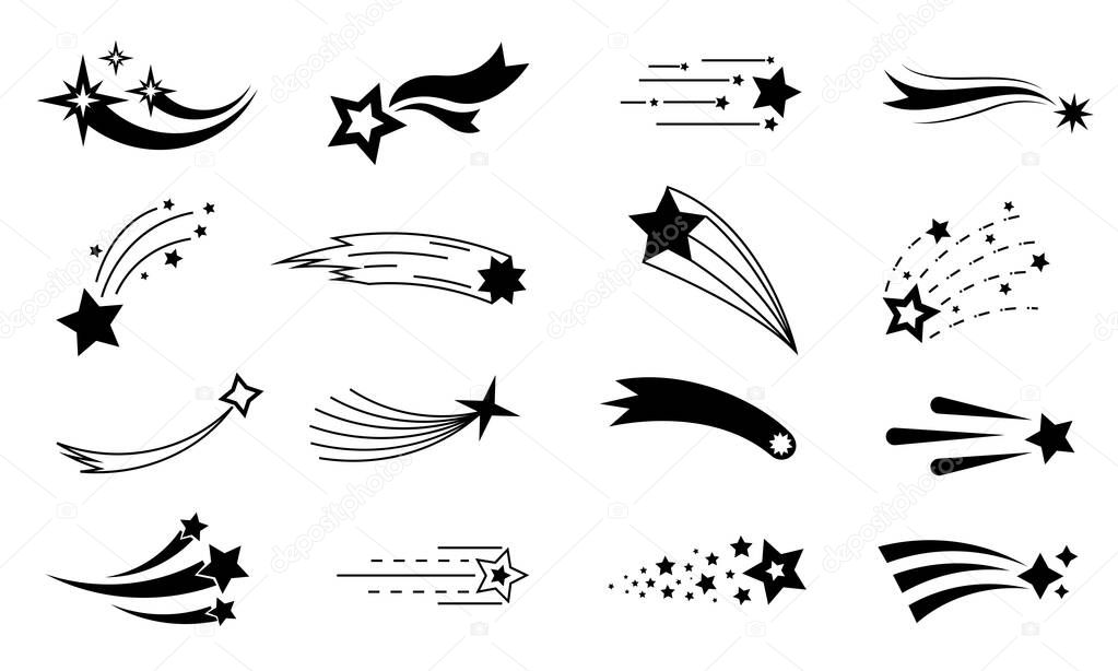 Meteor icon. Shooting star silhouette. Black space comet with trail. Falling abstract fantasy meteorite. Firework flashes. Starlight mockup. Vector night sky and cosmos elements set