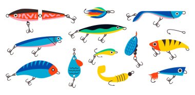 Fishing bait. Abstract contemporary fishery lures and wobblers. Spoons and twisters of artificial colorful fish shapes with hooks. Fisher accessories. Vector fisherman equipment set clipart