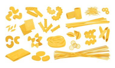 Karalama spagetti. Çizgi film İtalyan buğday makarnası. Makarna tipli. İzole edilmiş farfalle ve rotini. Tagliatelle veya cavatappi. Yemek malzemesi. Kuru fusilli ve makarna. Vektör yemek kümesi