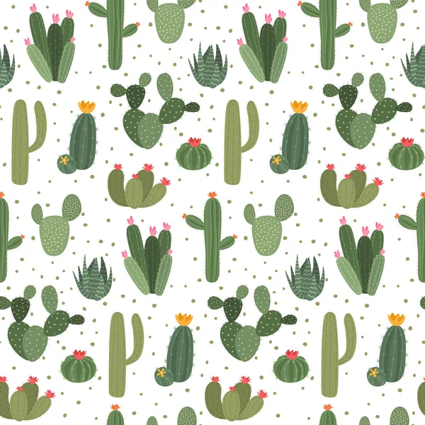 Schema del cactus. Graziosa stampa senza cuciture con pianta esotica con fiori e spine su sfondo bianco. Succulenta decorazione della casa, verde floreale, botanico fioritura decorazione vettoriale — Vettoriale Stock