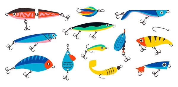 Fishing bait. Abstract contemporary fishery lures and wobblers. Spoons and twisters of artificial colorful fish shapes with hooks. Fisher accessories. Vector fisherman equipment set — Stock Vector