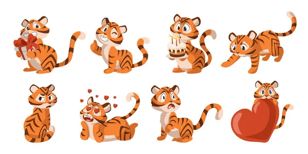 Leuke tijger. Cartoon schattige kitten mascotte. Gelukkig gestreept wild dier voor kinderen illustratie. 2022 jaar of Valentijnsdag symbool. Kat met cadeaus en verjaardagstaart. Vectorkatjes ingesteld — Stockvector
