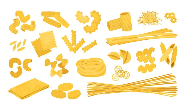 Gekritzelte Spaghetti. Cartoon Italienische Weizennudeln. Makkaroni-Typen. Isolierte Farfalle und Rotini. Tagliatelle oder Cavatappi. Zutaten kochen. Trockene Fusilli und Penne. Vektormahlzeit — Stockvektor