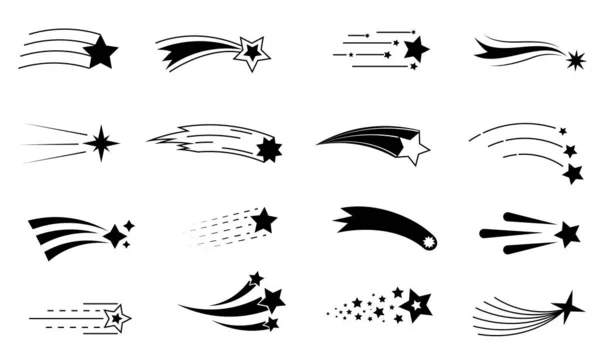 Sternschnuppen-Ikone Schwarze Silhouette Symbol des fliegenden Meteors mit Spur. Abstrakter Fantasie-Komet. Nachthimmel fallender Asteroid. Meteoritenbewegung. Vektor-Feuerwerk oder Raumelemente eingestellt — Stockvektor