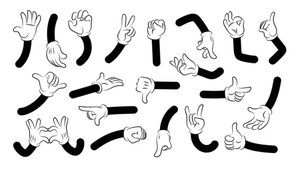 Cartoon wapens. Doodle menselijke karakter handen met witte handschoenen tonen eenvoudige emoties en gebaren. Clipart expressie collectie. Geïsoleerde lichaamsdelen. Vector ledematen palmen en vuisten ingesteld — Stockvector