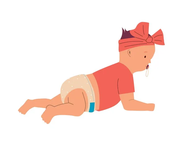 Το κοριτσάκι με την πάνα είναι ξαπλωμένο στο πάτωμα. Χαριτωμένο μωρό με πιπίλα. Απομονωμένο παιδί σέρνεται στην κοιλιά. Ανθρώπινο στάδιο ανάπτυξης της ηλικίας και των νηπίων. Αξιολάτρευτο νεογέννητο. Έννοια vector infancy — Διανυσματικό Αρχείο