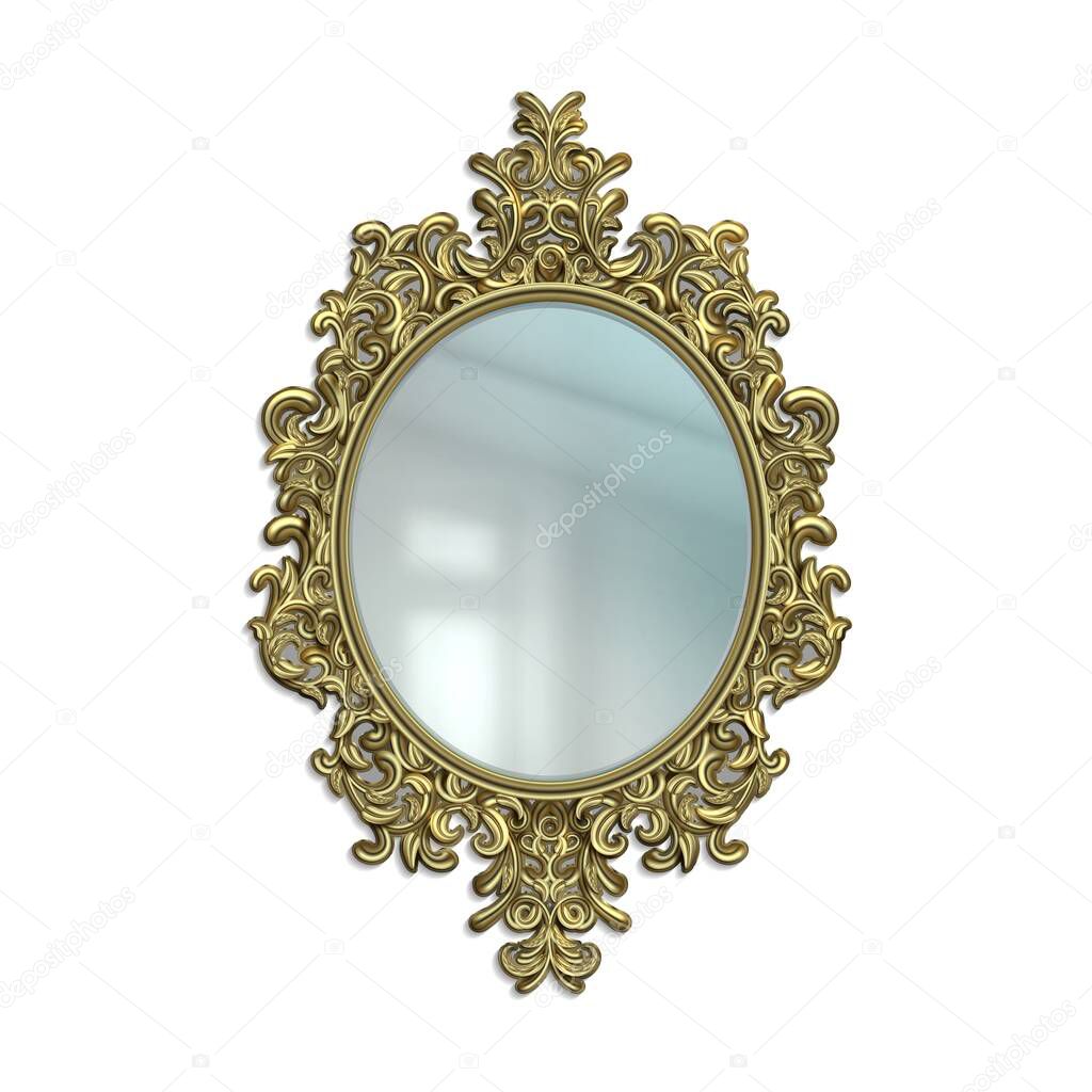 Realistic mirror with golden decorative frame. Reflective surface in Victorian ornate border. Hanging on wall royal interior decor. Round luxury framework. Vector room furnishing mockup