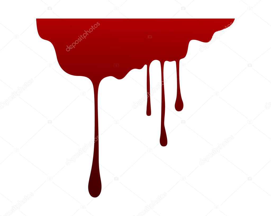 Red dripping stain. Halloween isolated on white background decor. Bloody liquid flowing drops, spilled paint or ink, decor element with gradient colors, bleeding texture, vector illustration