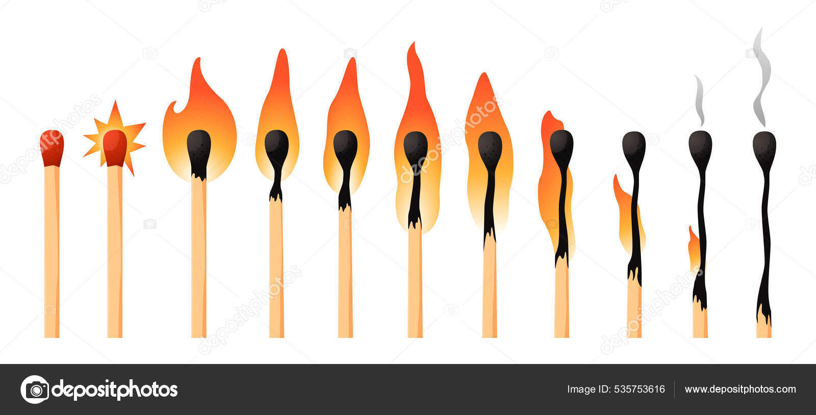 Burning match animation kit. Wood whole matchstick with sulfur head flaming  stages from ignition to extinction. Sequence steps of combustion. Vector  cartoon household wooden stick set Stock Vector Image by ©SpicyTruffel  #535753616