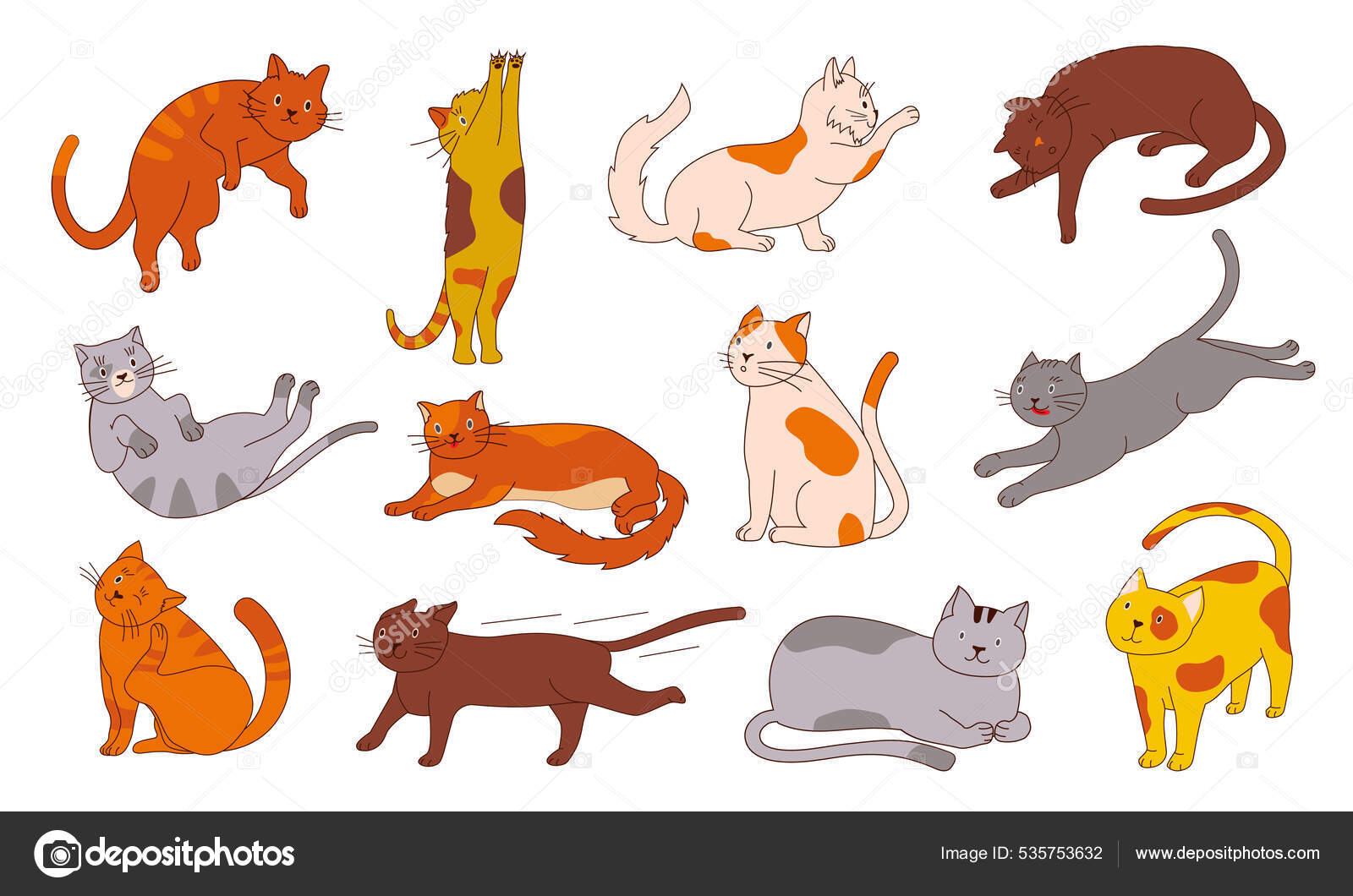 En kattekilling. Funny hjem dyr mærkat med enkel skitse. Godt siddende  opholder sig og liggende katte, søde skitse killing karakter bundle i  forskellige stillinger. Vektor fluffy kæledyr isoleret sæt Stockvektor af  ©SpicyTruffel, image size:1600x1060