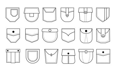 Cep çizgisi simgeleri. Dikişli kot pantolon torbası bandı. Kot pantolon ve dikiş, düğme ve pliseli gömlek kesesi. Günlük kıyafet koleksiyonu. Dikilmiş kumaş. Vektör pantolon elementleri ayarlandı