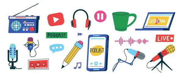 Podcast doodle grafisch. Abstracte minimalistische iconen van microfoon opname stem. Radio en muziek uitzendingen collectie. Koptelefoon en online speler. Vector streaming symbolen ingesteld — Stockvector