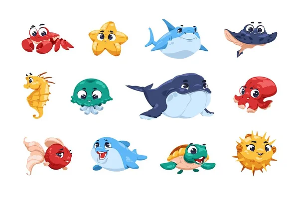 Lindo pez. Dibujos animados divertidos animales del océano con grandes ojos y caras de niños adorables, personajes de peces marinos bajo el agua con pulpo de medusas y delfines. Pequeño conjunto de vectores de cangrejo, tiburón y tortuga — Vector de stock