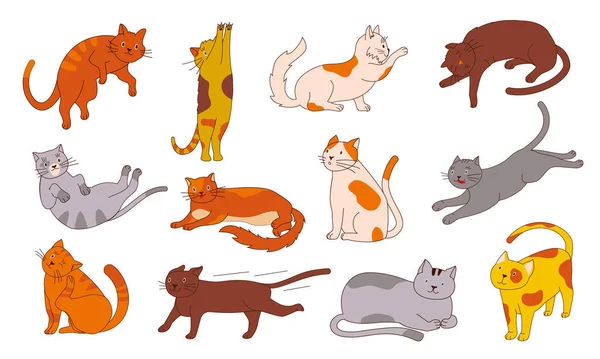 Doodle kat. Grappige home dieren sticker met eenvoudige schets. Blije zittende en liegende katten, schattige outline kitten karakter bundel in verschillende poses. Vector pluizig huisdier geïsoleerde set — Stockvector