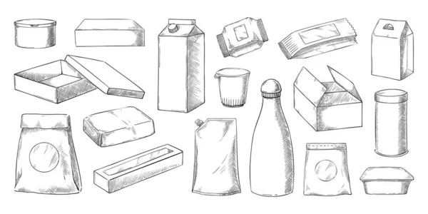 Skica balíčků s jídlem. Ručně kreslená kartonová krabička na jídlo nebo pití. Balení a papírový sáček. Svačinka a nápoj. Plechovka s potravinami a gravírování lahví. Sada balení vektorových produktů — Stockový vektor