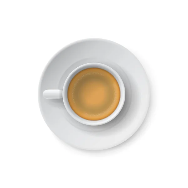 Horní pohled na realistický bílý šálek s kávovým nápojem a podšálkem. Keramický hrnek. Ranní kofein horký nápoj, klasické stolní nádobí s cappuccino, menu element vektor izolovaný objekt — Stockový vektor