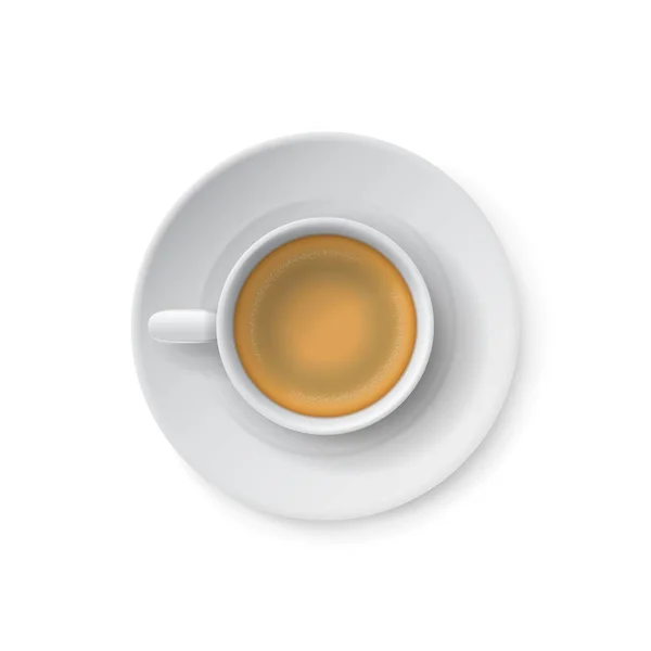 Vista superior de la taza blanca realista con bebida de café y platillo. Taza de cerámica. Cafeína de la mañana servir bebidas calientes, vajilla clásica con cappuccino, elemento de menú vector objeto aislado — Vector de stock