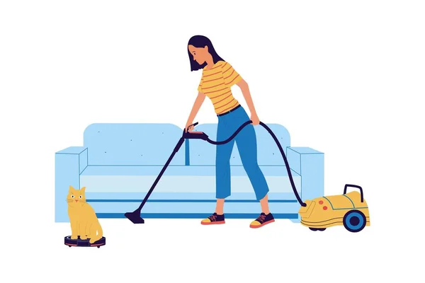 掃除機で床を掃除する女。女性はカーペットを真空。家庭用クリーンアップ機器を使用して漫画メイド。家事を屋内で行う文字。ベクトル日常の宿題活動 — ストックベクタ