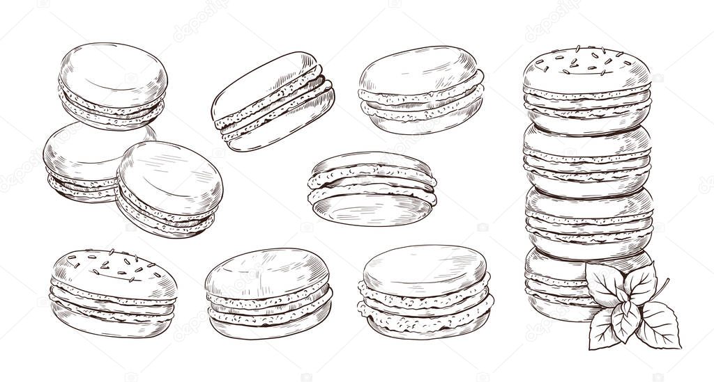 Hand drawn macaron. French biscuit dessert of almond flour. Vintage macaroon etching. Restaurant and cafe pastry. View from different edges and stack of cookies. Vector bakery sketches set
