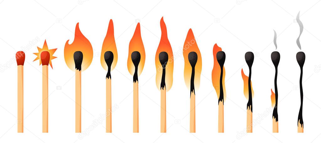 Burning match animation kit. Wood whole matchstick with sulfur head flaming stages from ignition to extinction. Sequence steps of combustion. Vector cartoon household wooden stick set