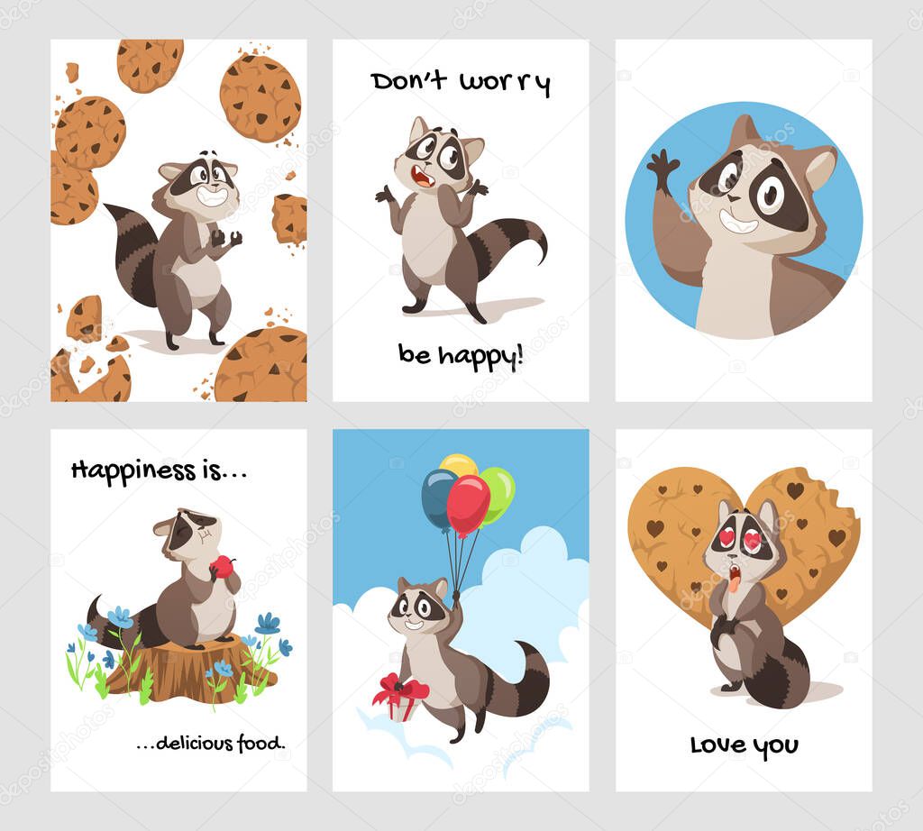 Raccoon greeting card. Cartoon hand drawn poster with curious woodland animal with paws and tail. Funny character emotion expressions. Forest creature and cookies. Vector invitations set