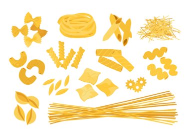 Çizgi film makarna. Karalamalı makarna. İtalyan farklı buğday yemekleri. Lezzetli farfalle veya spagetti. İzole edilmiş tagliatelle ve cavatappi. Çiğ fusilli veya makarna. Vektör un ürünleri ayarlandı