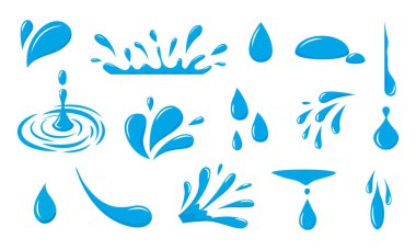 Su damlası ikonu. Mavi yağmur damlası ve damlacık logosu. Grafiksel damlama ve yağ sıçraması. Sıvı düşen çiy ve sıvı sıçraması. Saf taze içki. Temiz su elementleri. Vektör damlayan damlalar ayarlandı