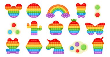 Fidget pop oyuncağı. Farklı şekillerde ve duyusal silikon itişli baloncukları olan çocuklar için renkli stres önleyici bağımlılık yapıcı bir oyun. Vektör trend gökkuşağı yardım araçları ayarlandı